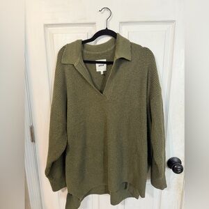 aerie Olive Collared V-Neck Knit Sweater